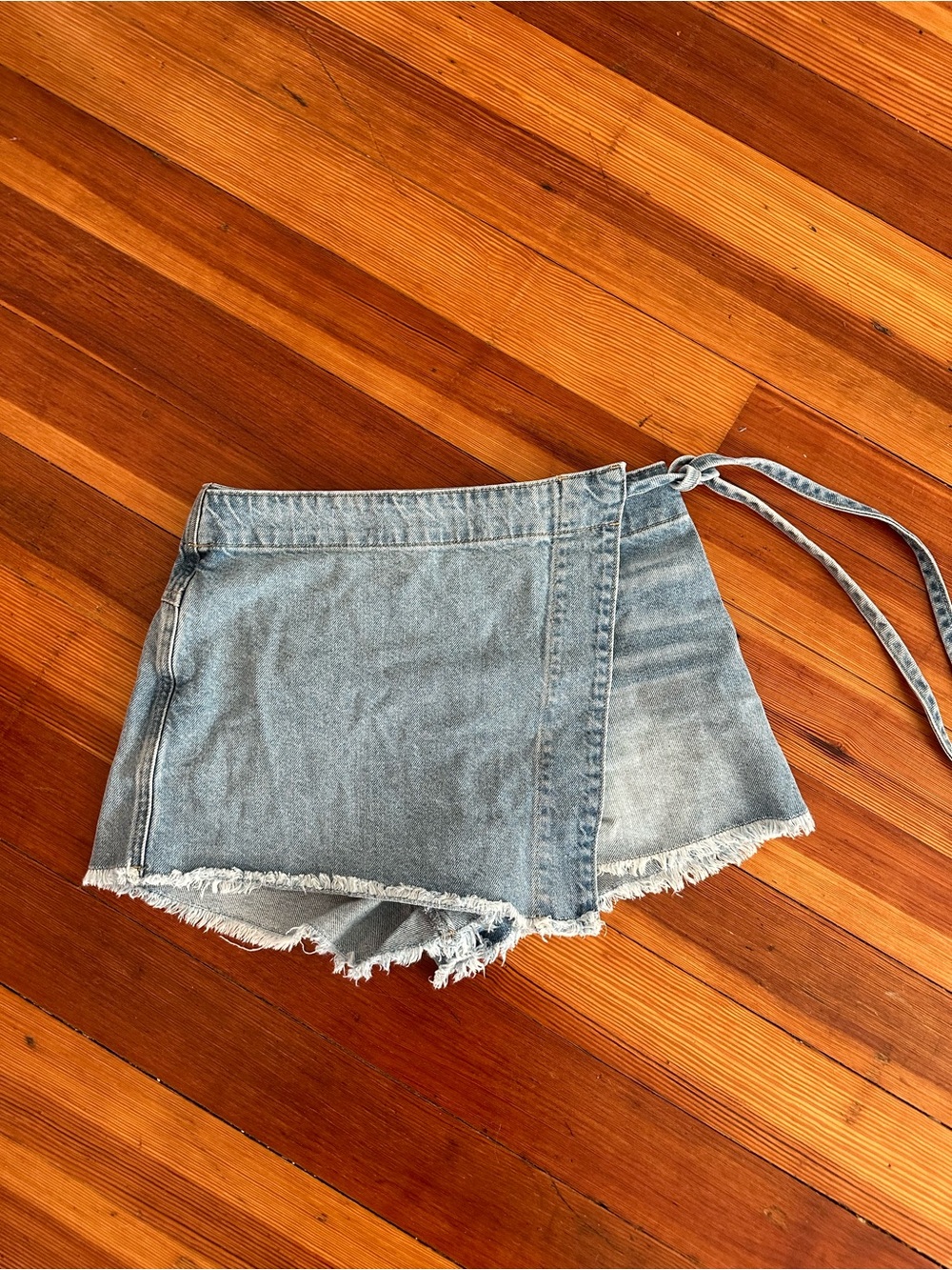 We The Free Light Blue Denim Wrap Skort with Frayed Hem